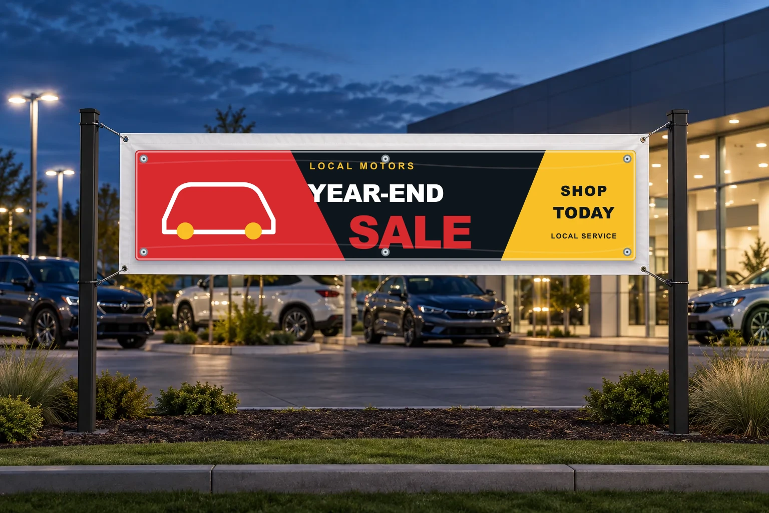 Illustrative vinyl banner concept: Auto dealer · seasonal sale
