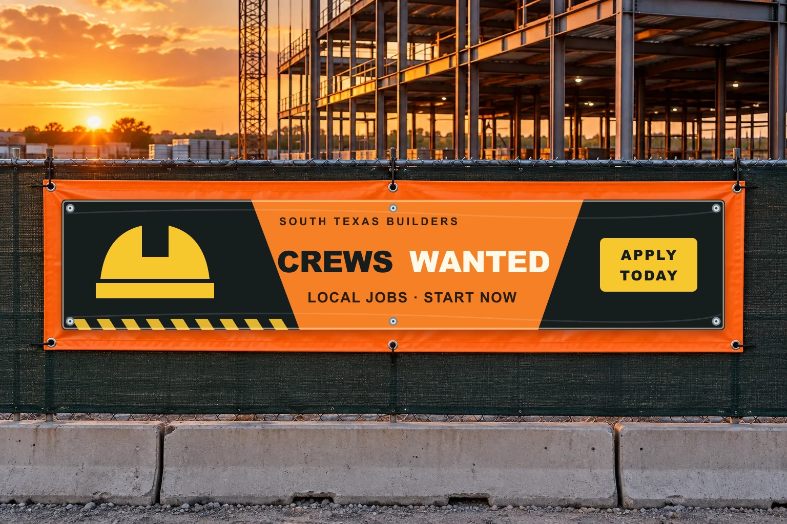 Illustrative vinyl banner concept: Construction · hiring