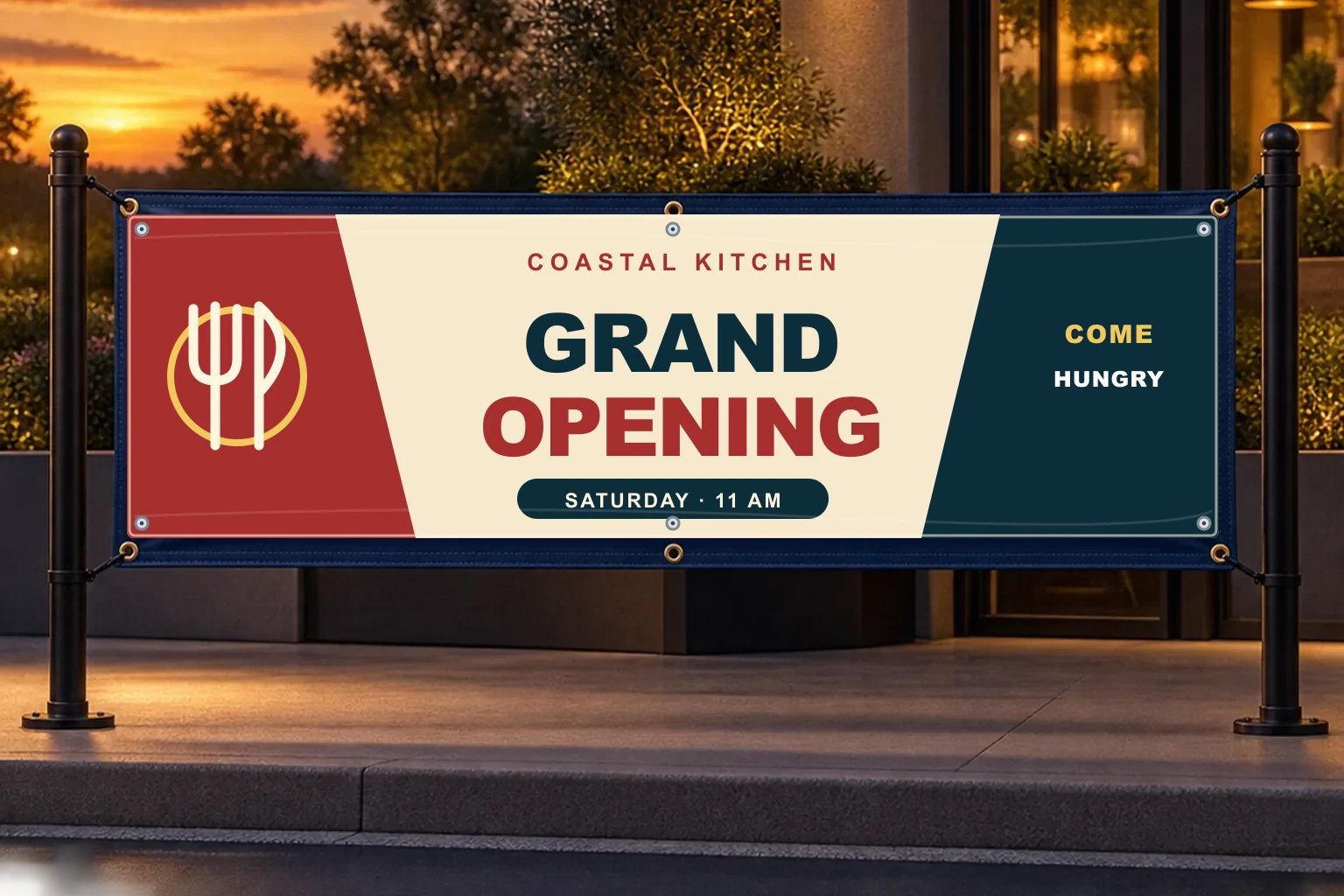 Illustrative vinyl banner concept: Grand opening · restaurant