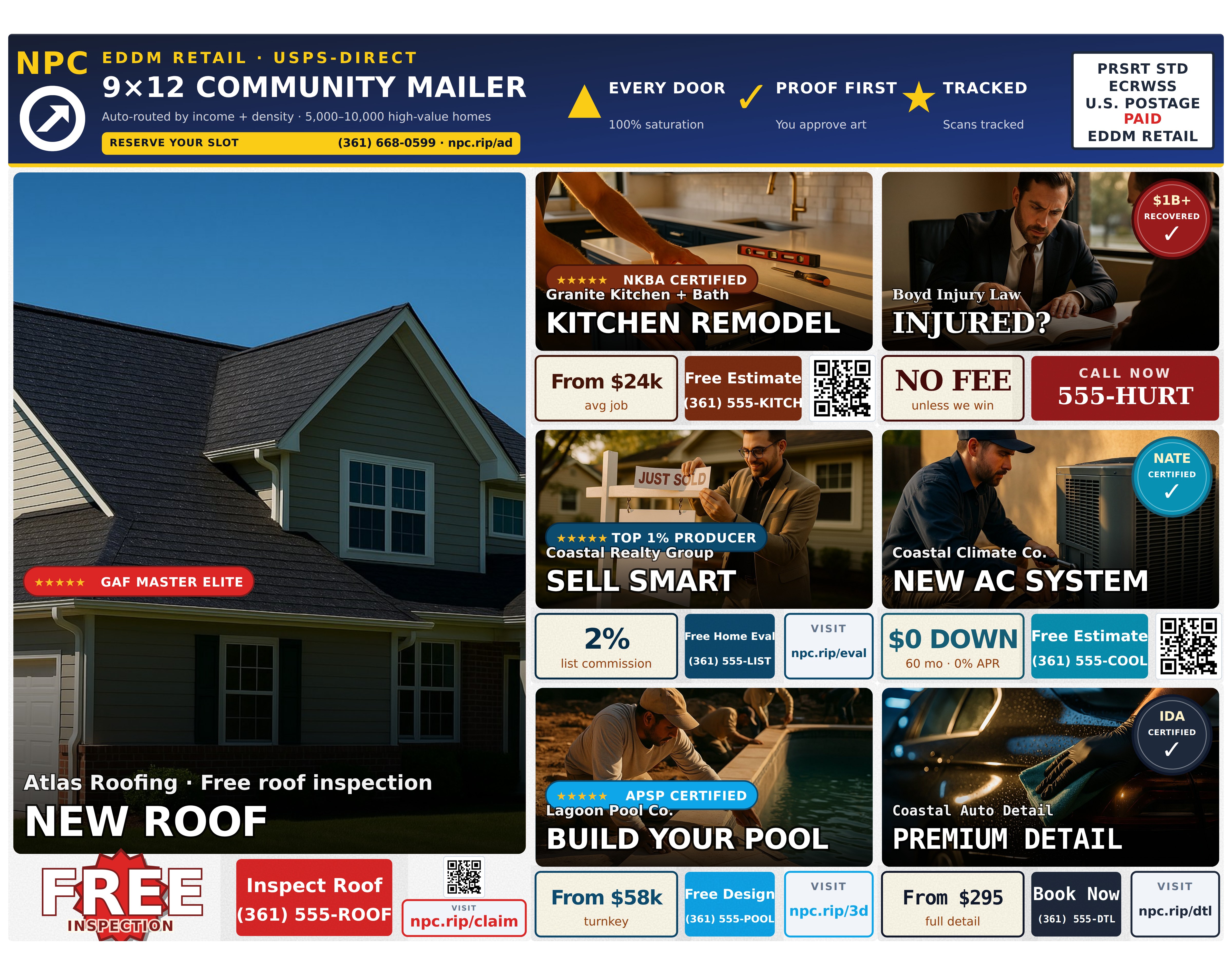 Sample 9×12 neighborhood postcard with 8 local-business ads